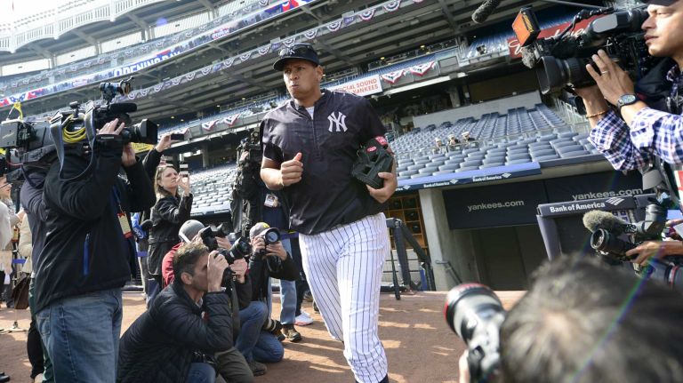 Yankees Opening Day in 2015 51 Alex Rodriguez takes the field for batting practice prior to the start of the Yankees' Opening Day against the Toronto Blue Jays at Yankee Stadium on April 6, 2015.