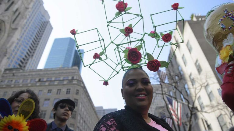 Pat Llano of Manhattan models her hat during the annual Easter Parade and Bonnet Festival on Fifth Avenue in Manhattan, Sunday, April 05, 2015. The pageant is a New York City tradition that stretches back to the 1870s.
