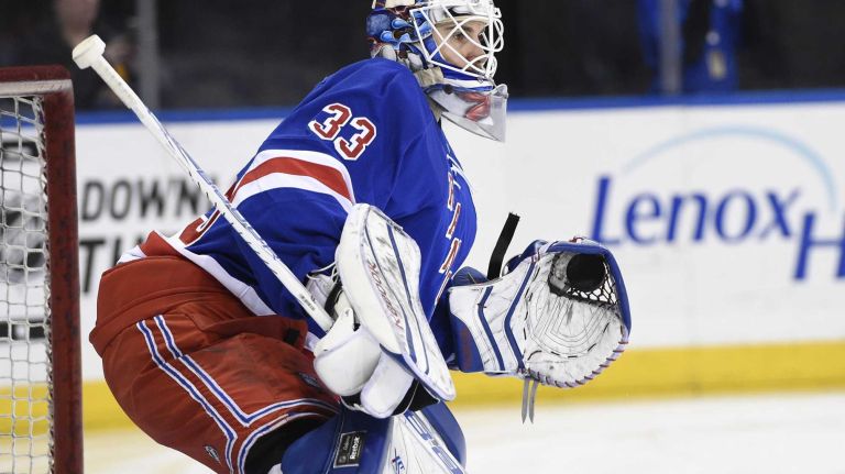 Rangers vs. Capitals 44 New York Rangers goalie Cam Talbot warms up on the ice before an NHL hockey game between the New York Rangers and the Washington Capitals at Madison Square Garden on Sunday, March 29, 2015.