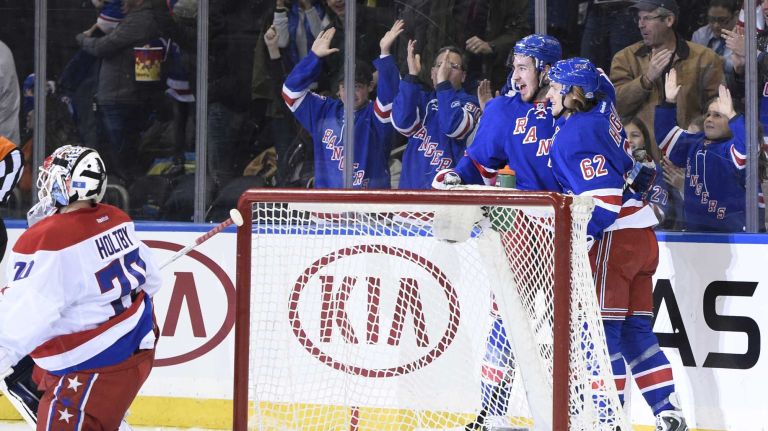 Rangers vs. Capitals 47 New York Rangers right wing Kevin Hayes celebrates after he scores on Washington Capitals goalie Braden Holtby in the first period of an NHL hockey game at Madison Square Garden on Sunday, March 29, 2015.