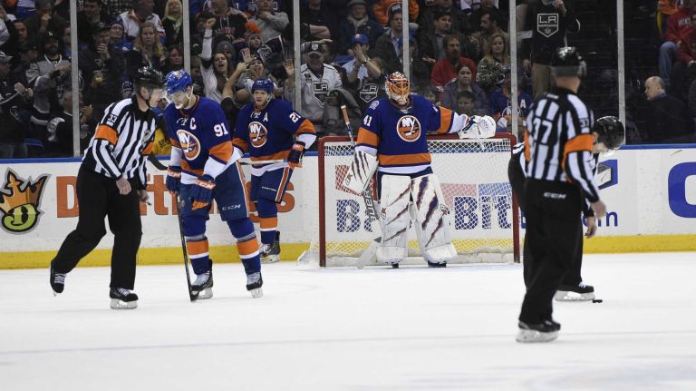 New York Islanders goalie Jaroslav Halak stands in the goal after Los Angeles Kings center Anze Kopitar scores in the third period of an NHL hockey game at Nassau Coliseum on Thursday, March 26, 2015. The Kings defeated the Islanders 3-2.