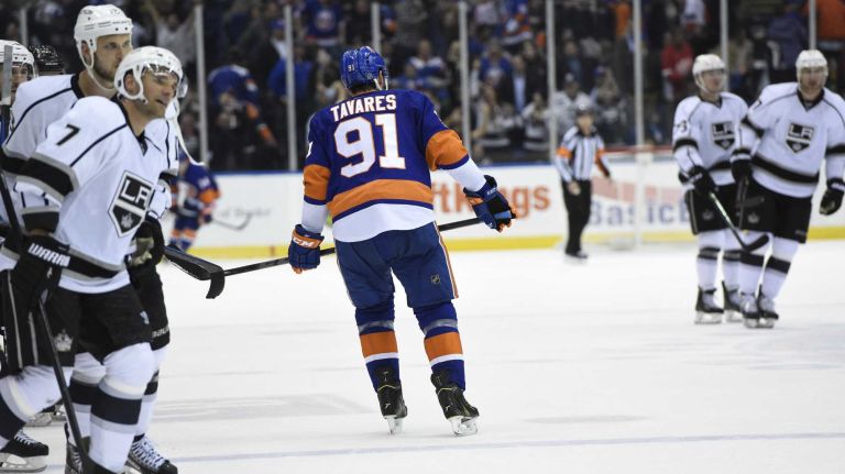 New York Islanders center John Tavares skates off the ice as time runs out against Los Angeles Kings in an NHL hockey game at Nassau Coliseum on Thursday, March 26, 2015. The Kings defeated the Islanders 3-2.