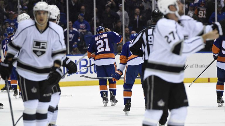 New York Islanders right wing Kyle Okposo skates off the ice at the end of an NHL hockey game against the Los Angeles Kings at Nassau Coliseum on Thursday, March 26, 2015. The Kings defeated the Islanders 3-2.