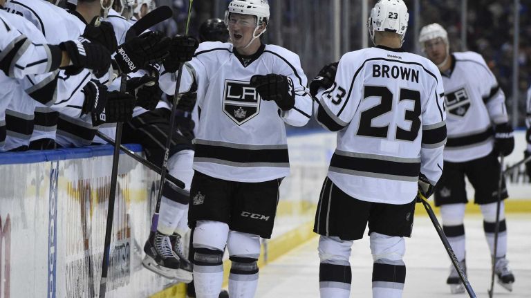 Los Angeles Kings center Tyler Toffoli celebrates his goal against the New York Islanders in the third period of an NHL hockey game at Nassau Coliseum on Thursday, March 26, 2015. The Kings defeated the Islanders 3-2.