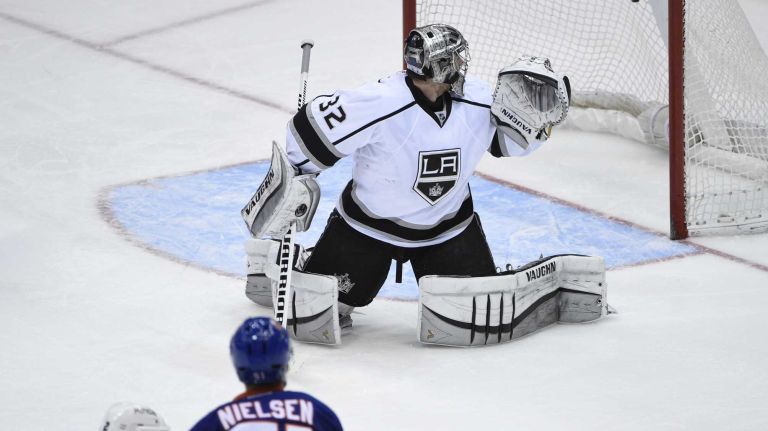 New York Islanders center Frans Nielsen scores on Los Angeles Kings goalie Jonathan Quick in the second period of an NHL hockey game at Nassau Coliseum on Thursday, March 26, 2015.