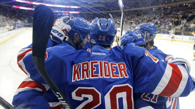 Chris Kreider #20 of the New York Rangers celebrates his first-period goal against the Anaheim Ducks with his teammates at Madison Square Garden on Sunday, March 22, 2015.