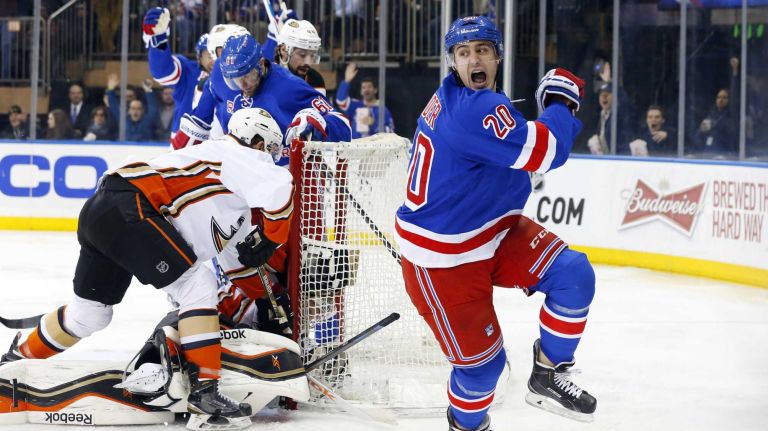 Chris Kreider #20 of the New York Rangers celebrates his first-period goal against the Anaheim Ducks at Madison Square Garden on Sunday, March 22, 2015.