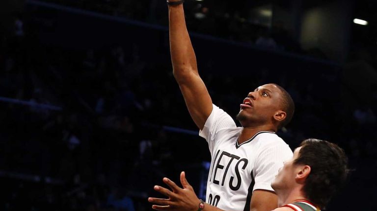 Thaddeus Young of the Brooklyn Nets puts up a shot in the first half against the Milwaukee Bucks at Barclays Center on Friday, March 20, 2015.