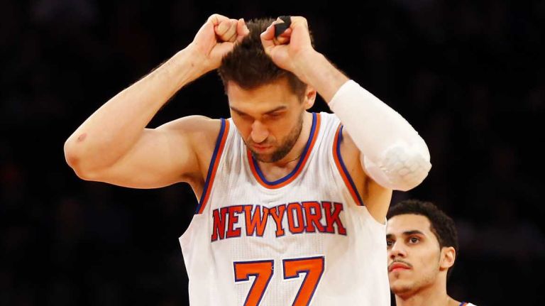 Andrea Bargnani of the New York Knicks reacts after a missed shot in the second half against the Minnesota Timberwolves at Madison Square Garden on Thursday, March 19, 2015.