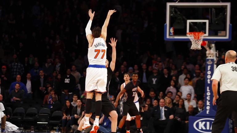 Andrea Bargnani of the New York Knicks misses a shot at the buzzer of overtime against the Minnesota Timberwolves at Madison Square Garden on Thursday, March 19, 2015.