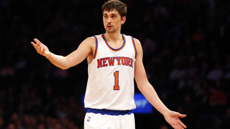 Alexey Shved of the New York Knicks reacts after a play in the second half against the Minnesota Timberwolves at Madison Square Garden on Thursday, March 19, 2015.