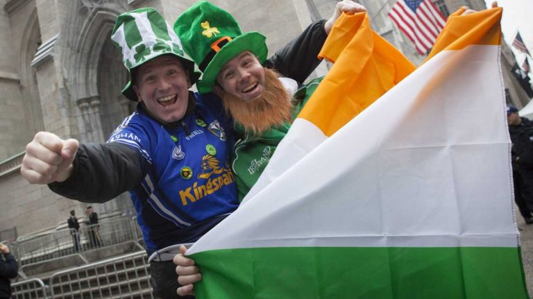 Paul McDonald, 27 and James McDonald, 40, in front of St. Patrick's Cathedral, wait for the St. Patrick's day parade to start in Manhattan on Tuesday, March 17, 2015. The brothers are from Cavan County, Ireland.