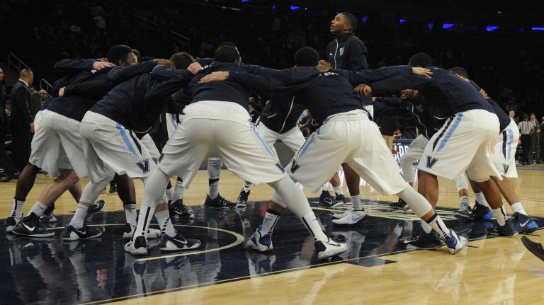 Villanova Wildcats huddle before the start against the Providence Friars in a Big East semifinal men's basketball game at Madison Square Garden on Friday, March 13, 2015.