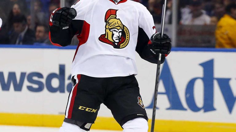 Matt Puempel of the Ottawa Senators celebrates his second period goal against the New York Islanders at Nassau Coliseum on Friday, March 13, 2015.