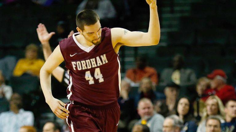 NEW YORK, NY - MARCH 12: Manny Suarez #44 of the Fordham Rams celebrates after hitting a basket against Virginia Commonwealth Rams during the Second Round of the Atlantic 10 Basketball Tournament at Barclays Center on March 12, 2015 in the Brooklyn borough of New York City. (Photo by Mike Stobe/Getty Images)