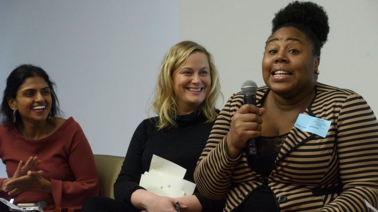 Restaurant Opportunities Centers United co-founder and president Saru Jayaraman, left, comedian and former waitress Amy Poehler, center, and restaurant worker Shanita Thomas attend a rally for fair wages for restaurant workers in Manhattan in February. 