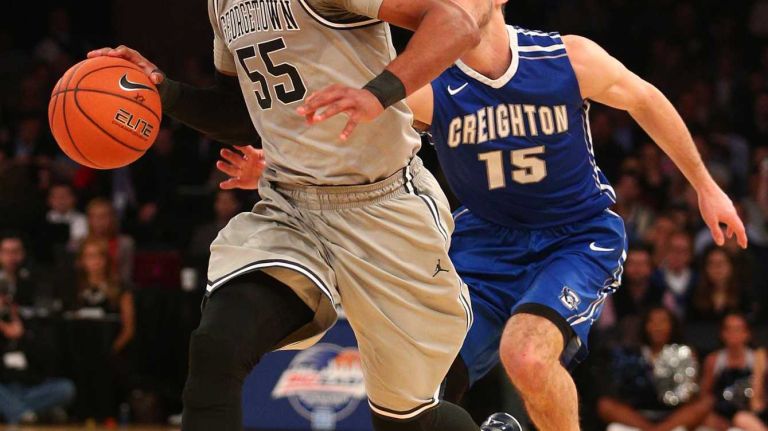 Georgetown Hoyas guard Jabril Trawick drives against Creighton Bluejays guard Rick Kreklow during the first half of a Big East Tournament game at Madison Square Garden on Thursday, March 12, 2015.