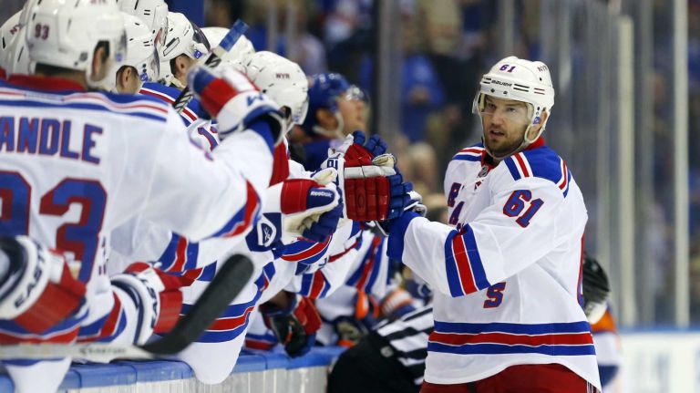 Rick Nash of the New York Rangers celebrates his third-period goal against the New York Islanders at Nassau Coliseum on Tuesday, March 10, 2015.