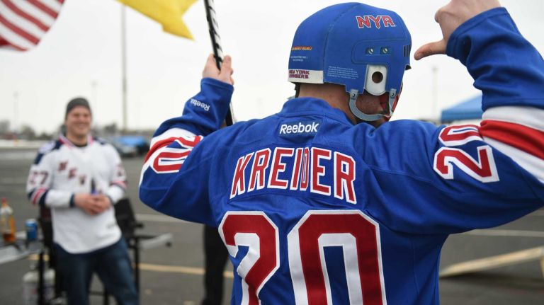 Fans at Islanders vs. Rangers 46 Rangers fan Chris Olton of North Massapequa tailgates in the parking lot of Nassau Coliseum before the last Islanders-Rangers regular-season game at the Coliseum on March 10, 2015.