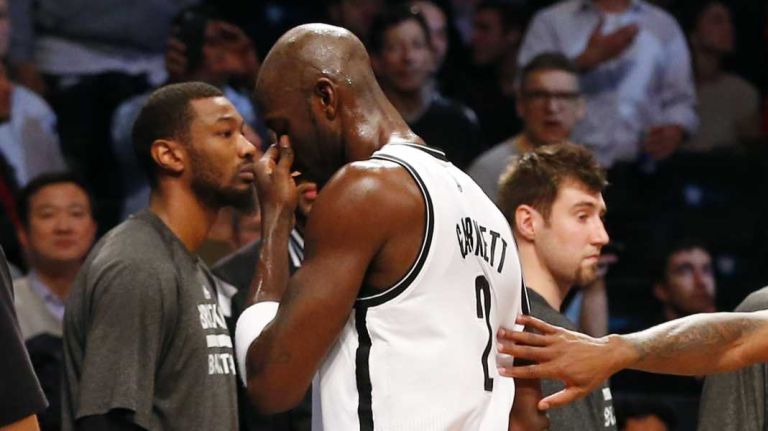 Kevin Garnett #2 of the Brooklyn Nets walks off the court after he was ejected in the first quarter against the Houston Rockets at Barclays Center on Monday, Jan. 12, 2015.