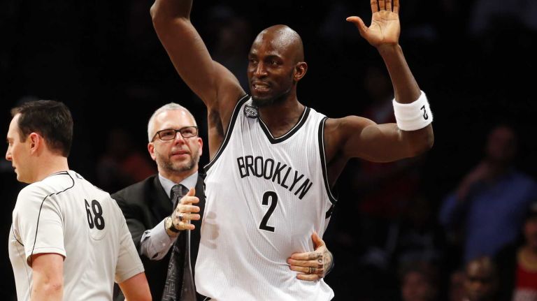 Kevin Garnett #2 of the Brooklyn Nets reacts after an altercation with Dwight Howard #12 of the Houston Rockets at Barclays Center on Monday, Jan. 12, 2015.