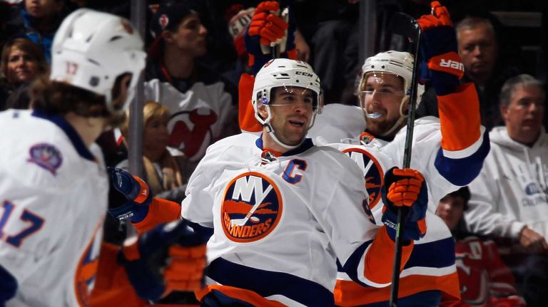 John Tavares of the New York Islanders celebrates his game-winning goal at 3:05 of overtime against the New Jersey Devils at the Prudential Center on Jan. 9, 2015 in Newark, N.J.