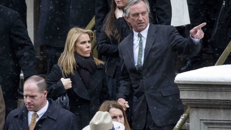 Robert Kennedy, Jr. and his wife Cheryl Hines depart the funeral of former New York Governor Mario Cuomo Jan. 6, 2105, at St. Ignatius Church in Manhattan.