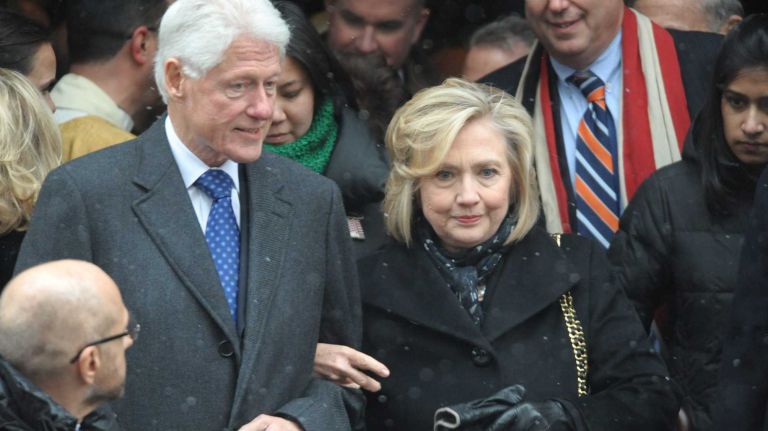 Bill and Hillary Clinton at the funeral mass for former Governor Mario Cuomo at St. Ignatius Loyola Church in Manhattan, Jan. 6, 2015.