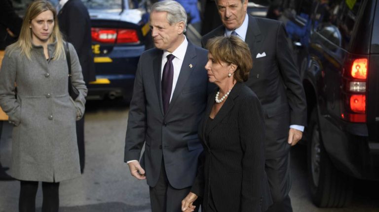 Congress members Steve Israel and Nancy Pelosi arrive at Frank E. Campbell Funeral Chapel for the wake for former Gov. Mario Cuomo in Manhattan on Monday, Jan. 5, 2015. 