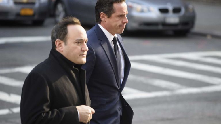 Christopher Cuomo, right, arrives at Frank E. Campbell Funeral Chapel for the wake for his father, former Gov. Mario Cuomo, in Manhattan on Monday, Jan. 5, 2015. Cuomo, who served three terms as governor, died at home on Jan. 1, 2015.