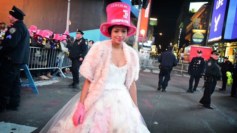 Entertainer Kat Graham makes her way through Times Square on New Year's Eve on Wednesday, Dec. 31, 2014.