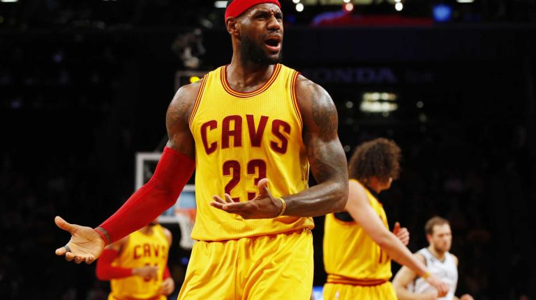 LeBron James #23 of the Cleveland Cavaliers reacts during a game against the Brooklyn Nets at Barclays Center on Monday, Dec. 8, 2014.