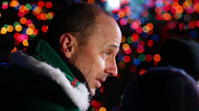 Brian Cashman rappels down building 12 New York Yankees general manager Brian Cashman speaks to the media following the lighting of the Holiday Tree in Latham Park on Dec. 7, 2014 in Stamford, Conn.