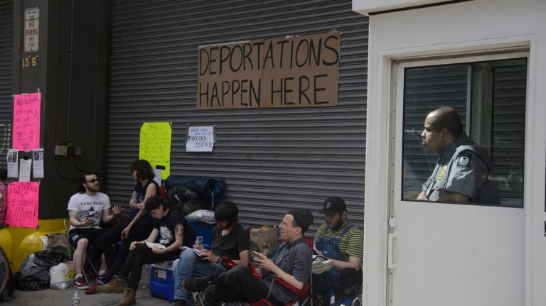 Demonstrators camp out on Monday in front of a garage they believe is used by U.S. Department of Homeland Security Immigration and Customs Enforcement to transport detainees to and from the Varick Street Immigration Court in Manhattan. 