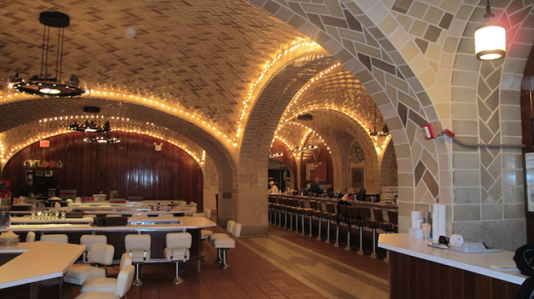 Original 1913 Guastavino tiles, far right, are shown against new tiles inside the Grand Central Oyster Bar. A fire in 1997 destroyed 80 percent of the ceiling.
