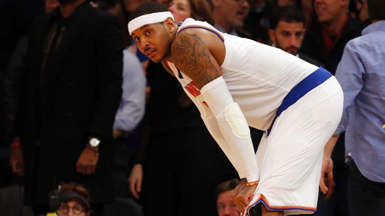 Carmelo Anthony of the New York Knicks looks on after missing a potential game-tying shot in the fourth quarter against the Cleveland Cavaliers at Madison Square Garden on Thursday, Dec. 4, 2014.