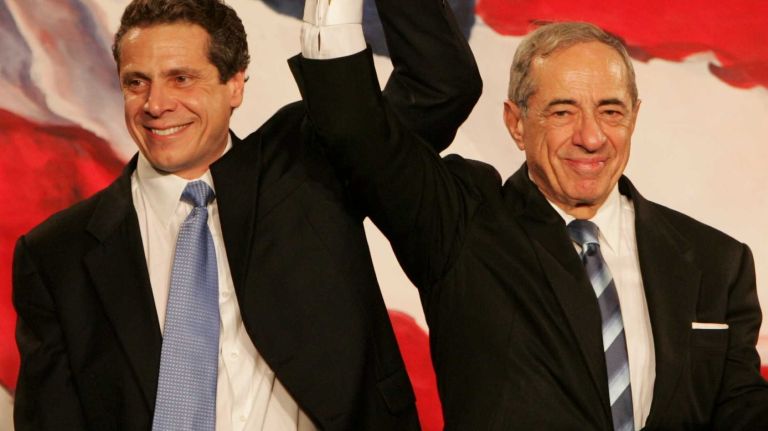 Andrew M. Cuomo, left, with his father, former New York Gov. Mario Cuomo, as he gives his victory speech for New York State attorney general at the Sheraton Hotel in Manhattan on Nov. 7, 2006.