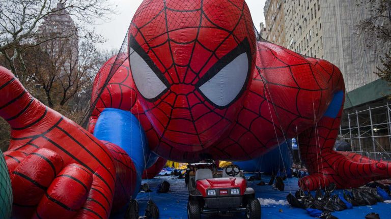 Macy's Thanksgiving Day Parade photos 15 The Spider-Man balloon lay ready to go as Macy's Thanksgiving Day Parade balloons are prepared and inflated by the Museum of Natural History near the parade route Wednesday, Nov. 26, 2014, in preparation for the decades old tradition of the Thanksgiving Day parade Thursday.
