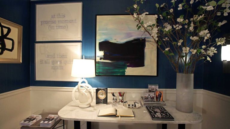 NY Holiday House Show 27 The second-floor foyer is Scarsdale decorator Rachel Laxer's vision of a modern woman's refuge, complete with a desk and dressing table.