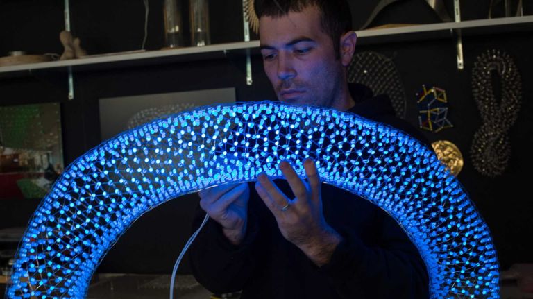 Brooklyn Tech Triangle: Tech innovation in the hippest borough 5 Jason Krugman is an artist adept at pairing electronics and organic materials to create new types of objects, spaces and experiences. He uses light as his primary medium, making work that responds to its audience and environment, seen here at the New Lab at the Brooklyn Navy Yard on Thursday, Nov 13 , 2014.