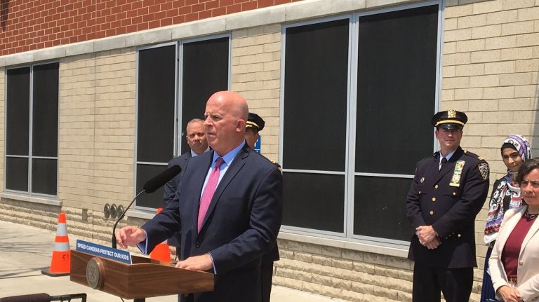 NYPD Commissioner James O'Neill spoke in favor of boosting the number of speed cameras stationed near city schools, such as P.S. 264, which currently lacks the surveillance equipment. 