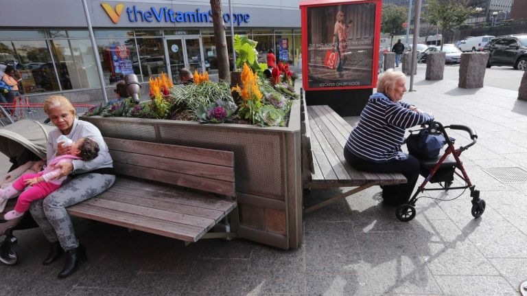 Benches at the Rego Park Center 2 in Rego Park.