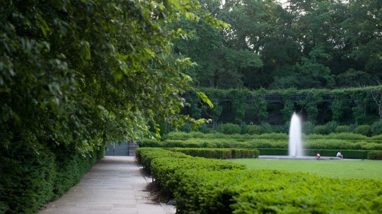 A fountain flows in the Conservatory Garden. (May 29, 2012)