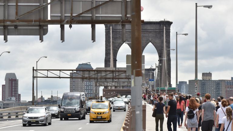 A cyclist was injured when he pedaled down the roadway on the Brooklyn Bridge, police say.