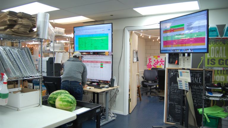 Located in the center of the Good Eggs office is a computer hub that tracks all the daily deliveries and pick-ups. 