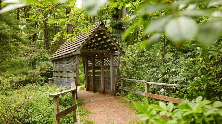 Covered bridges add to the quaintness of a nature walk at Planting Fields Arboretum.