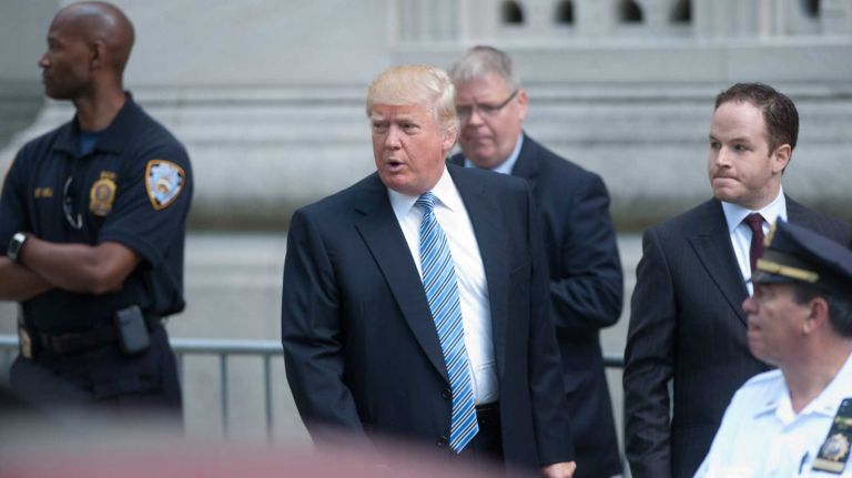 Donald Trump arrives at Temple Emanu-El before services for Joan Rivers in Manhattan on Sunday, Sept. 7, 2014.