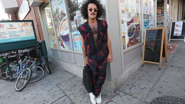 Victor Jeffries, 32, a Greenpoint resident and Gawker staffer, kept cool in an Asher Levine jumper embellished with hand-painted fish. 