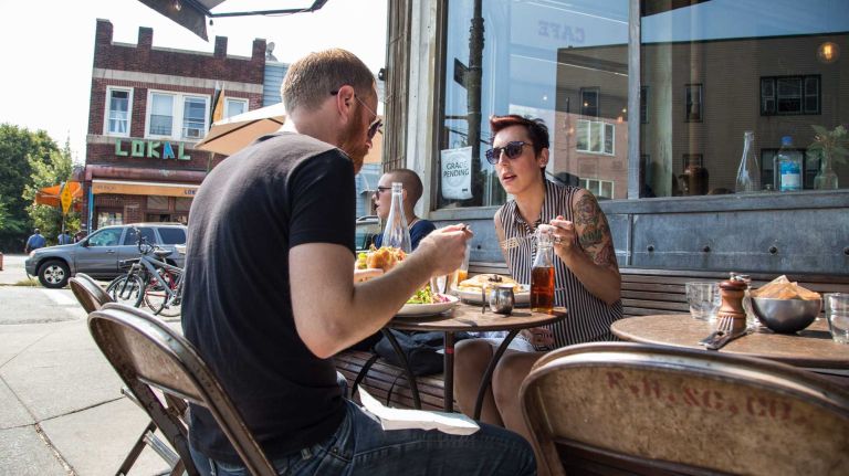 Jeff French and Erin Acker dine at Five Leaves in Greenpoint.