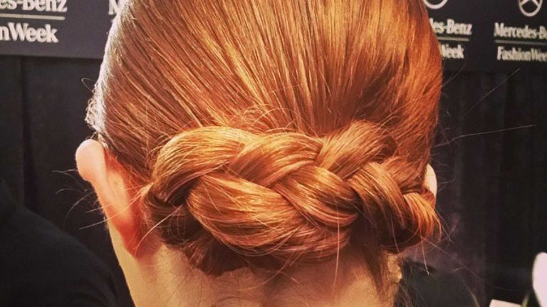 Low, braided up-dos @tadashishoji #ndbackstage #nyfw #hair